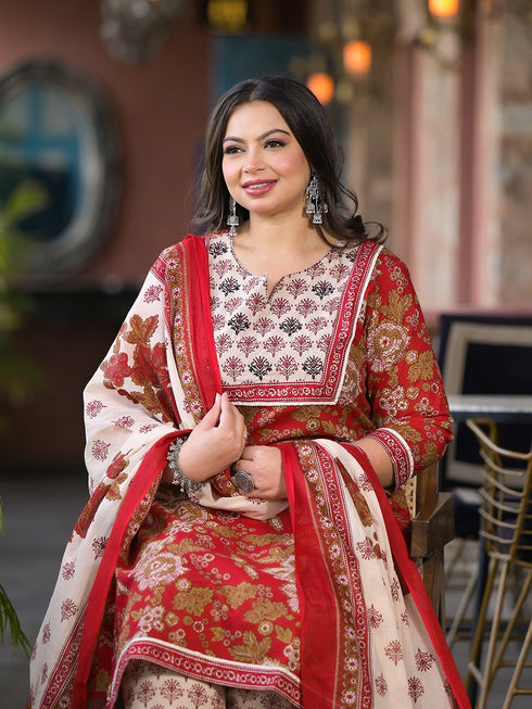 Women Plus Size Maroon Pure Cotton Kurta Set With Dupatta